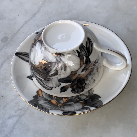 GRACES TEAWARE CUP SAUCER SET PEONY BLACK METALLIC GOLD FLORAL NEW PORCELAIN - Picture 5 of 13